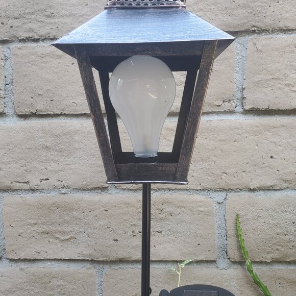 50" H, Solar LED Metal Lantern Garden Stake With Flickering Light Bulb - Picture 4 of 4